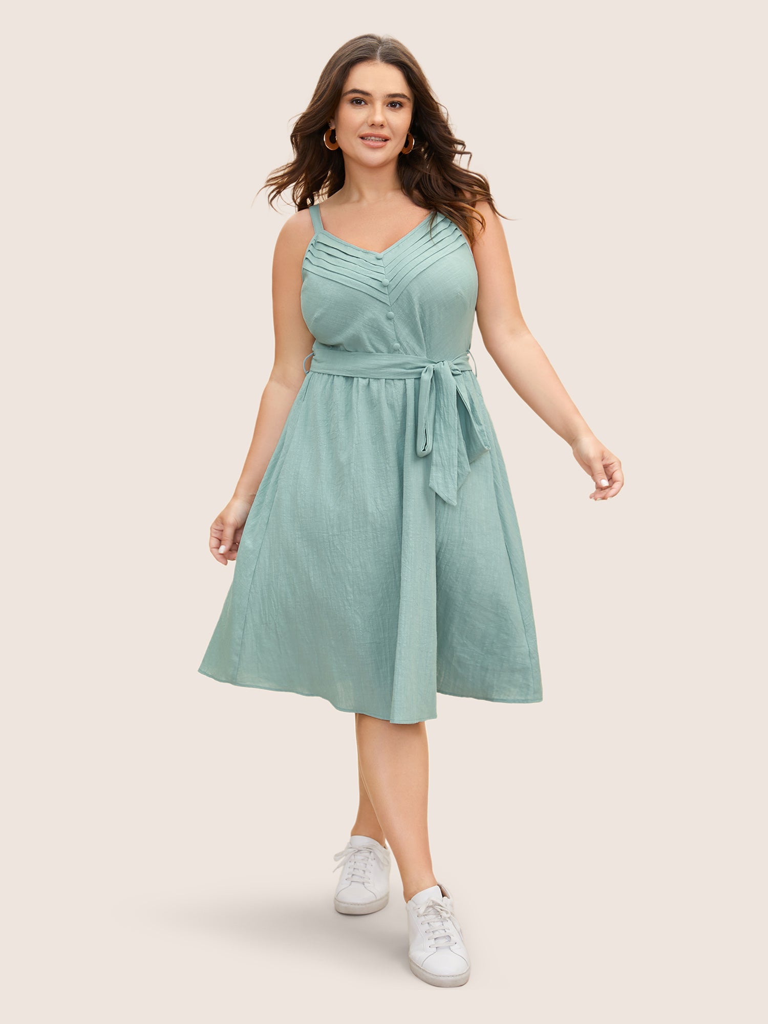 Cotton Solid Pleated Button Detail Belted Dress