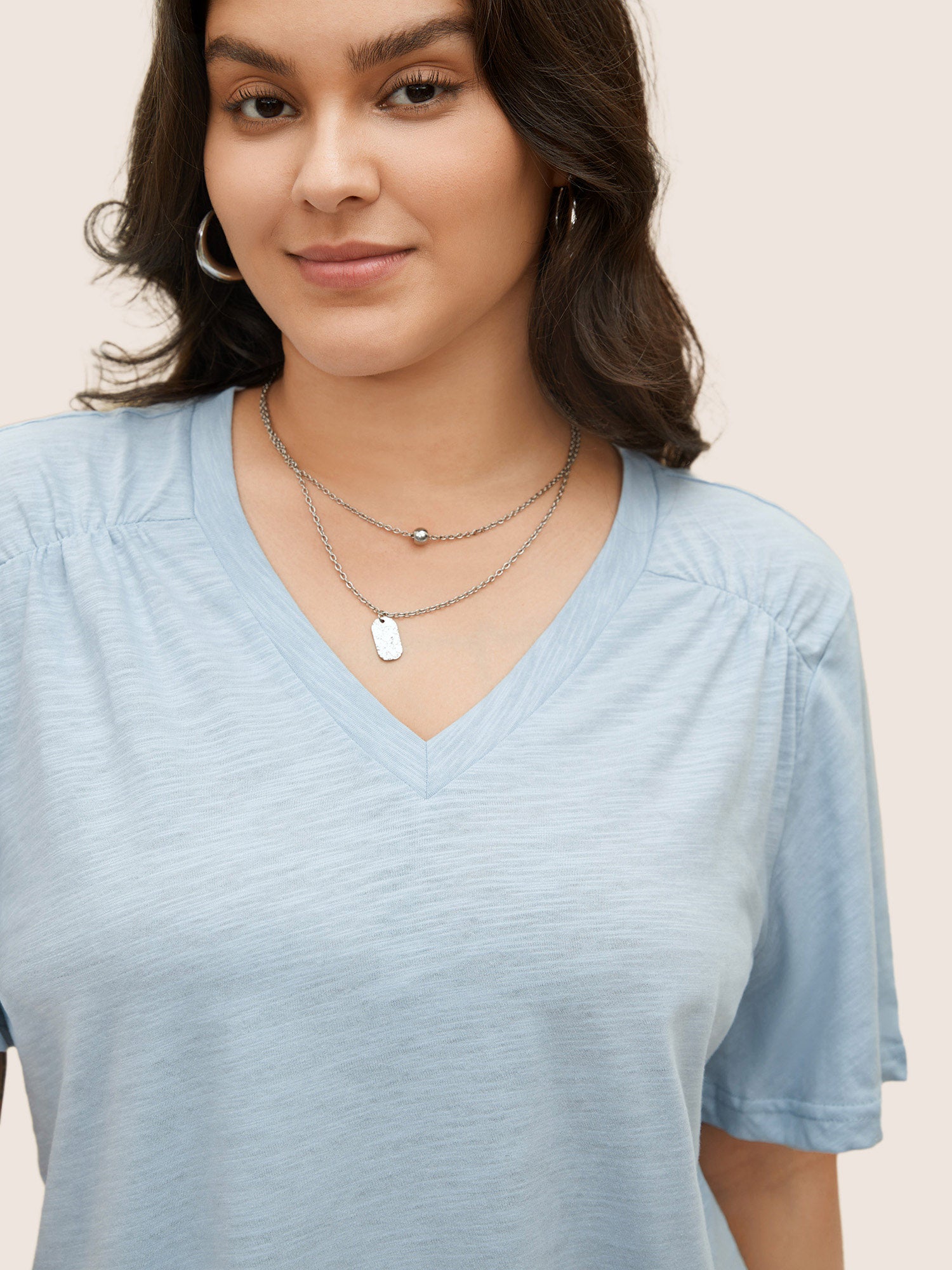 Plain Ruffle Sleeve Heather V Neck T-shirt