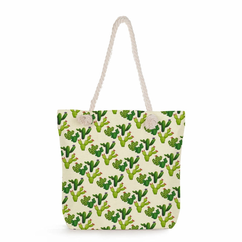Women's Cotton And Linen Cactus Classic Style Square Zipper Tote Bag
