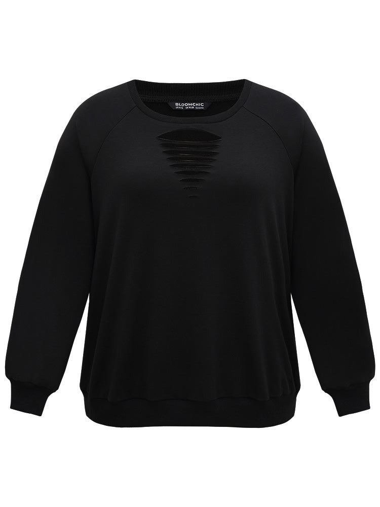 Solid Rib Knit Cut Out Raglan Sleeve Sweatshirt