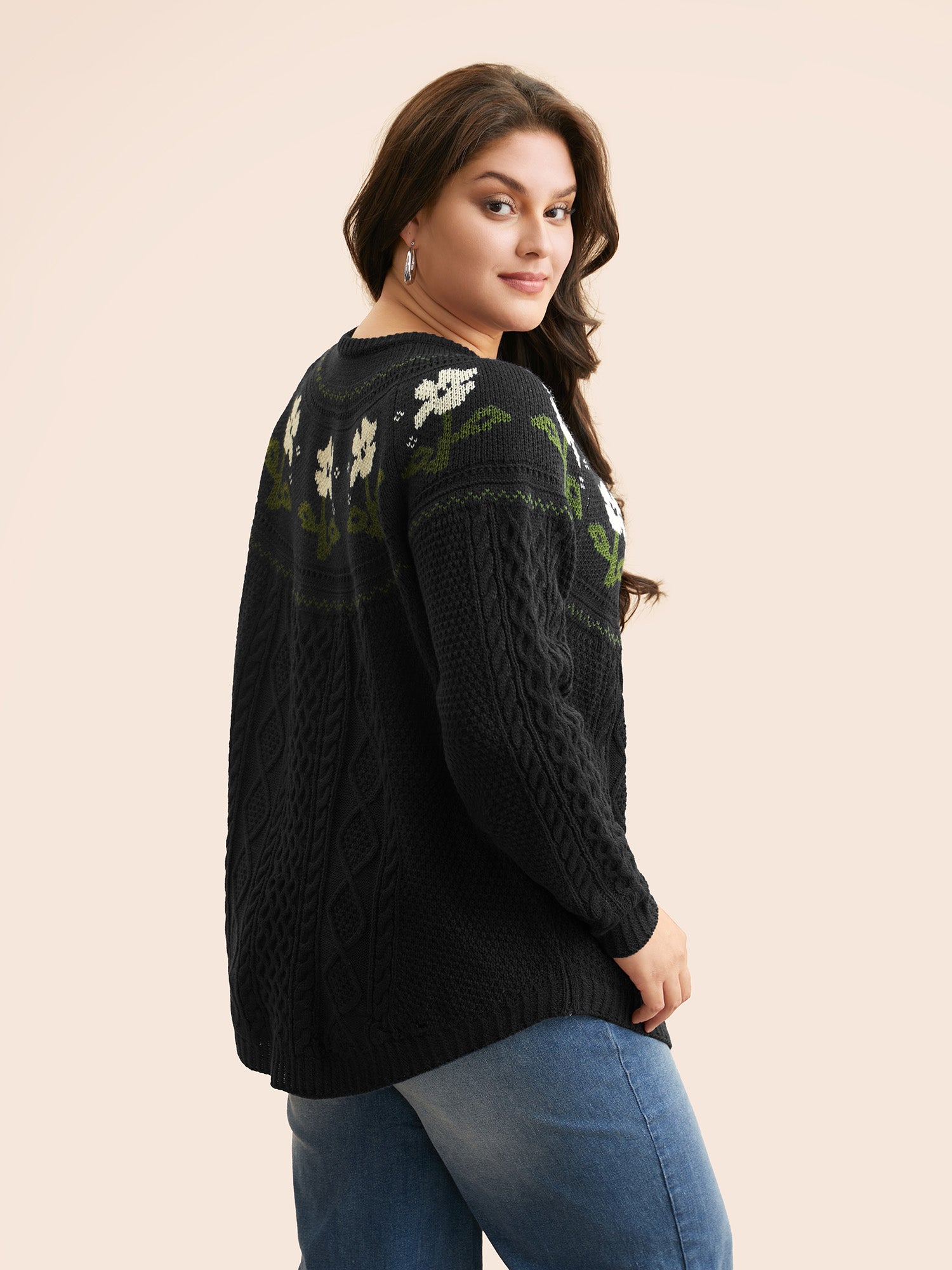 Floral Jacquard Raglan Sleeve Pullover