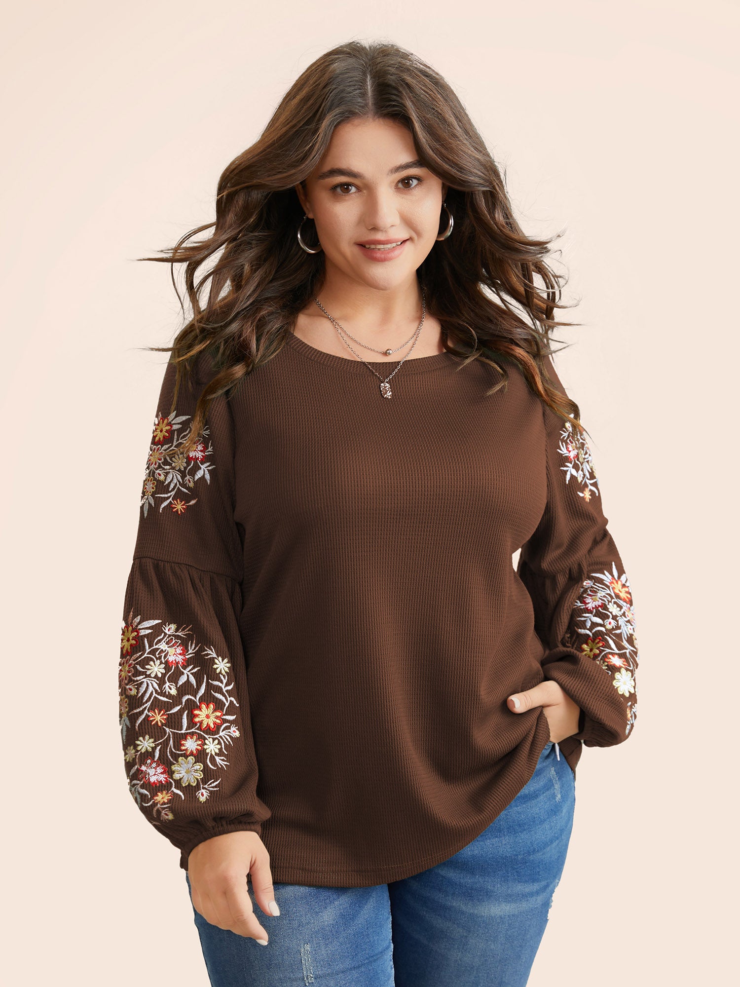 Waffle Knit Floral Embroidered Lantern Sleeve T-shirt