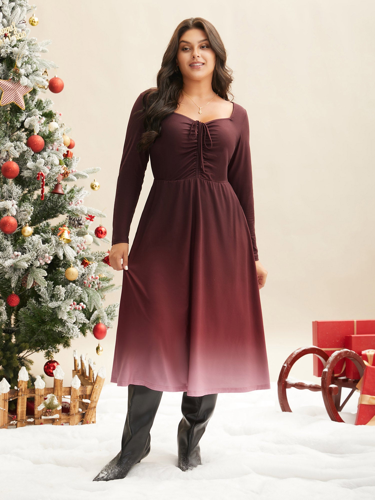 Heart Neckline Drawstring Gradient Midi Dress