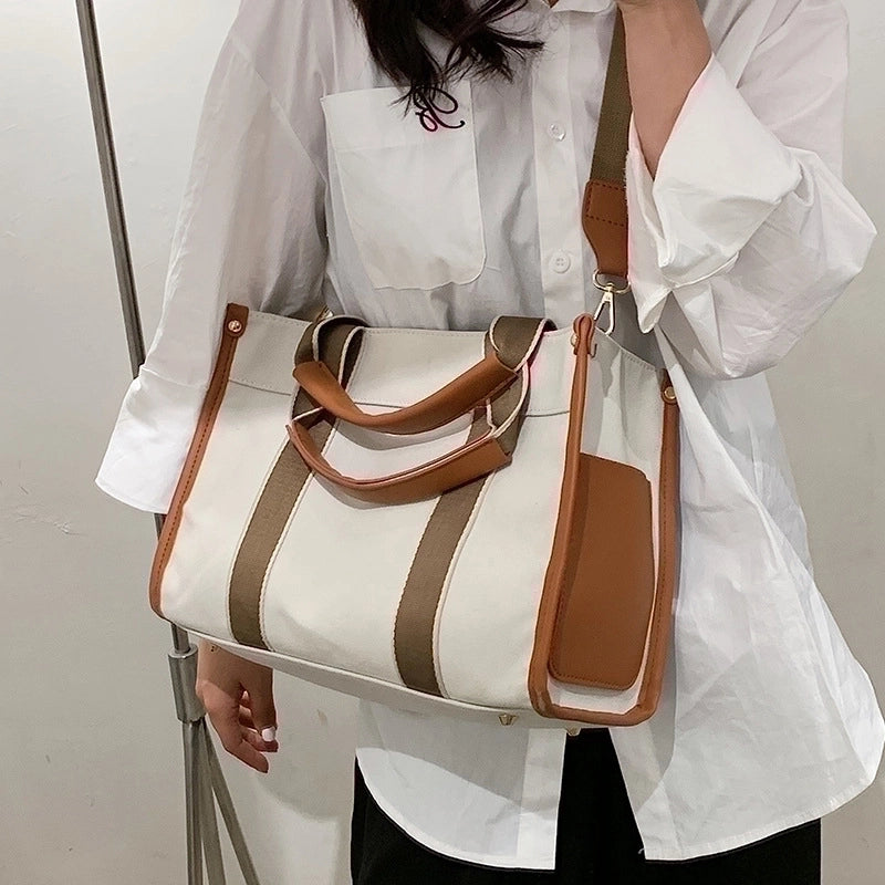 Women's Large Canvas Color Block Classic Style Magnetic Buckle Tote Bag