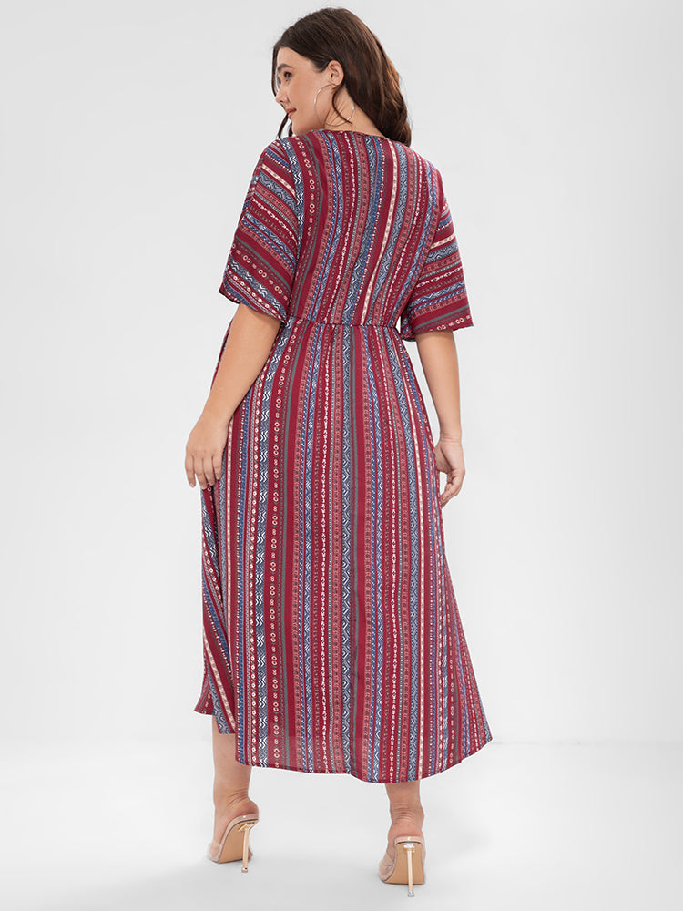 Geometric V Neck Pocket Split Maxi Dress