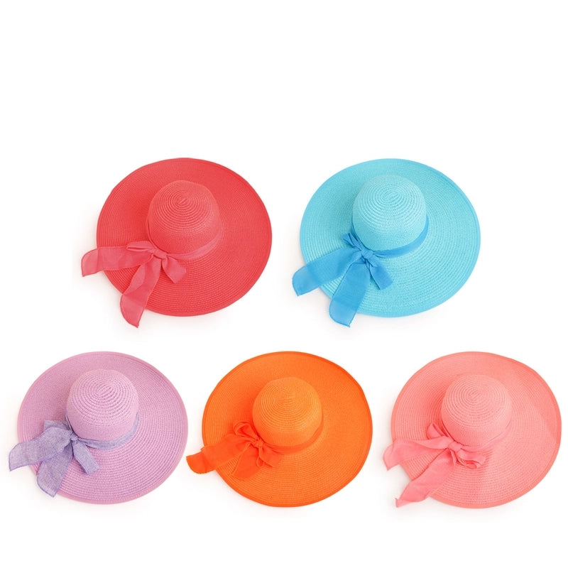 Fashion Solid Color Big Eaves Sunshadebowknot Straw Hat