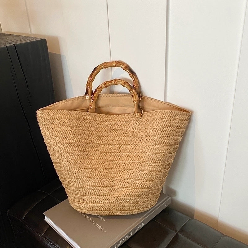 Women's Medium Straw Solid Color Vacation Beach Weave Zipper Straw Bag