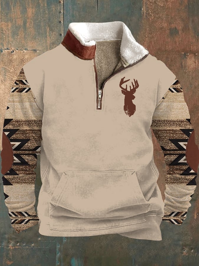 Men's Retro Western Style Elk Arctic Velvet Stand Collar Sweatshirt