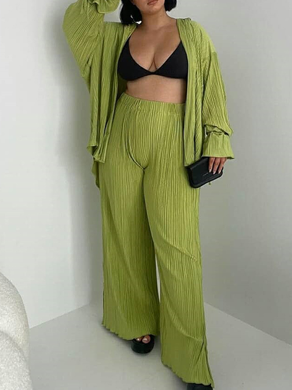 Flared Sleeves Long Sleeves Buttoned Drawstring Pleated Solid Color Split-Side Lapel Shirts Top + Pants Bottom Pajama Sets
