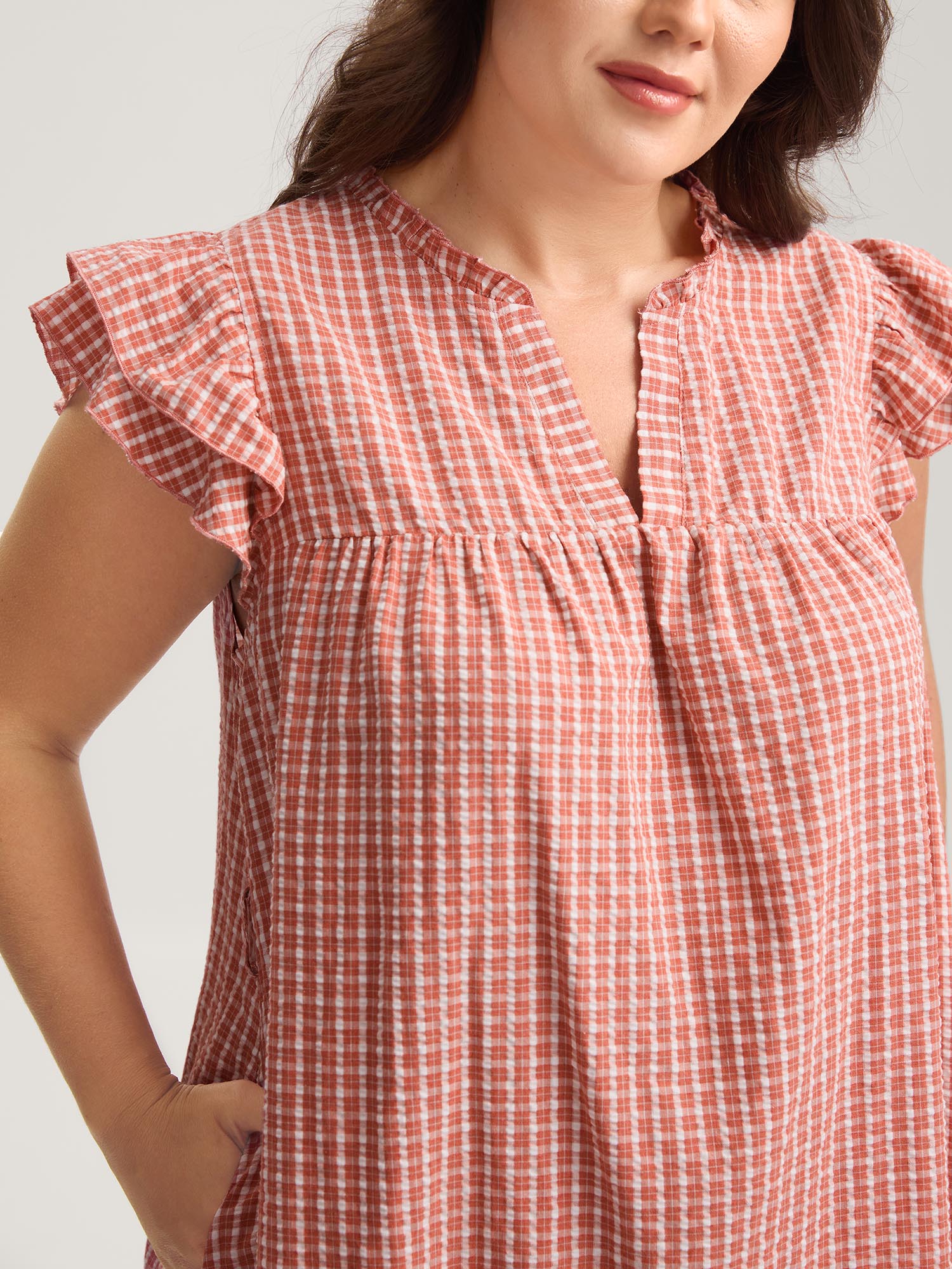 Gingham Print Belted Flutter Sleeve Midi Dress