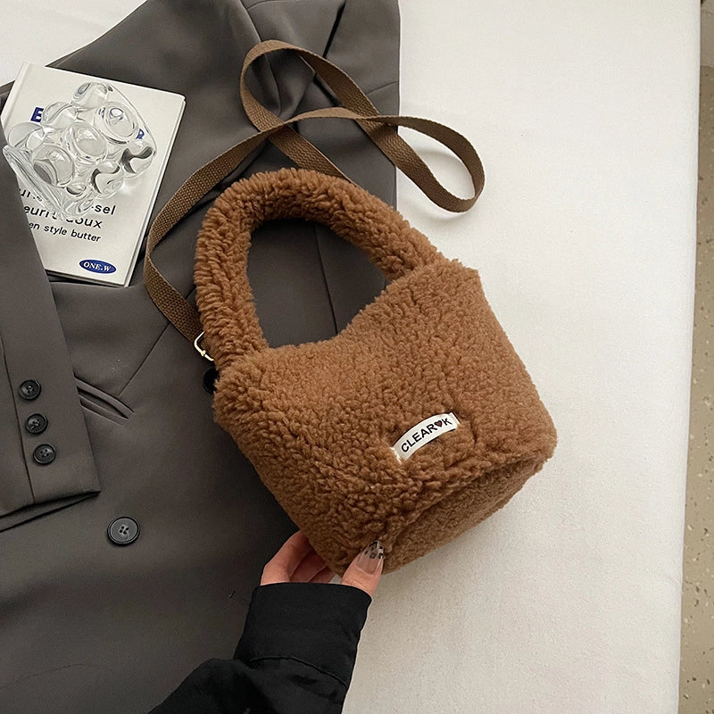 Women's Plush Solid Color Cute Bucket Magnetic Buckle Shoulder Bag Handbag Crossbody Bag
