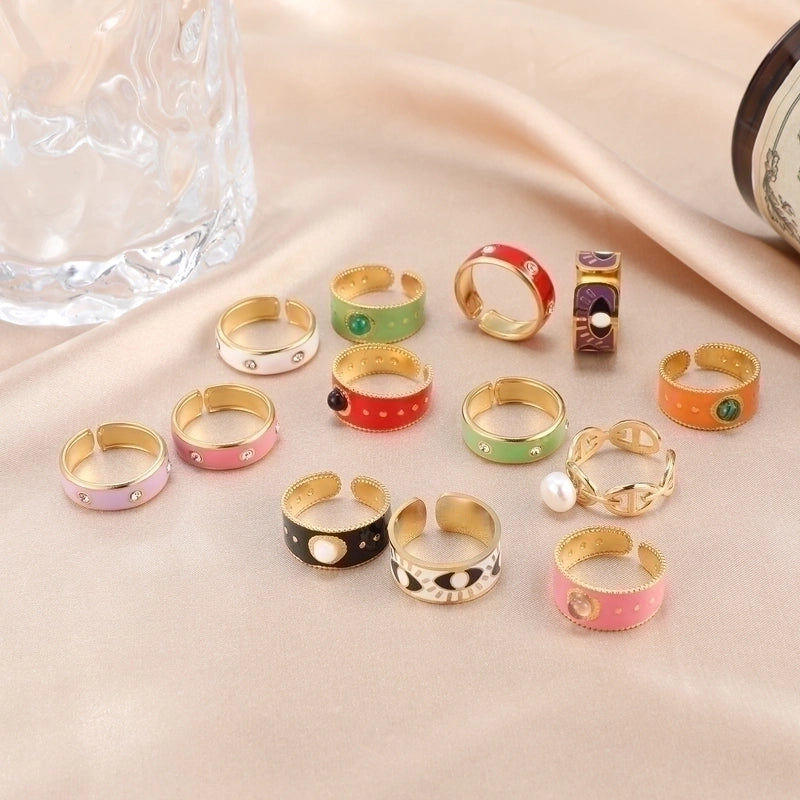 Retro Devil'S Eye Pig Nose 304 Stainless Steel Opal Pearl Zircon Painted Plating Inlay Open Rings