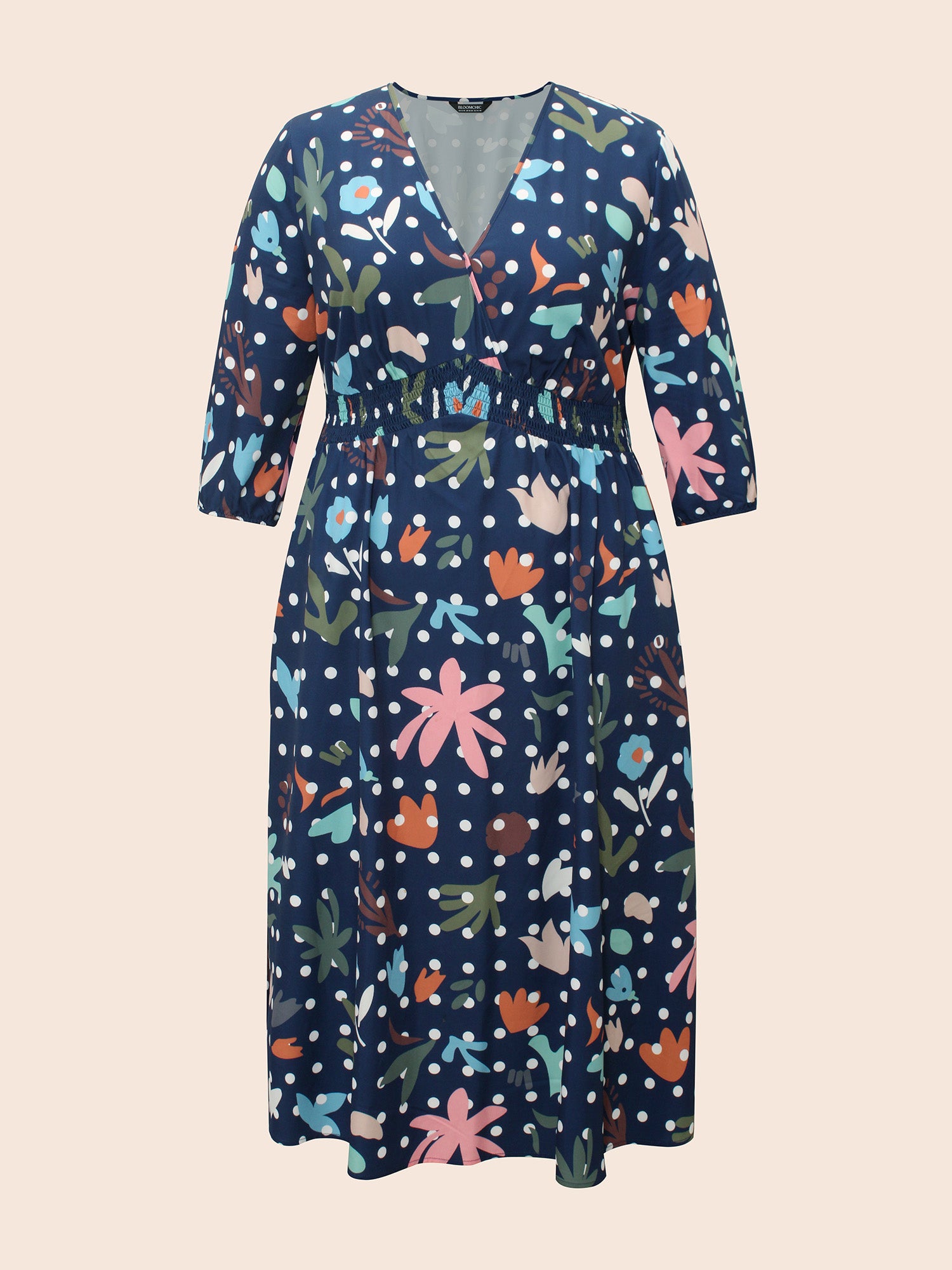 Overlap Collar Polka Dot Floral Shirred Dress