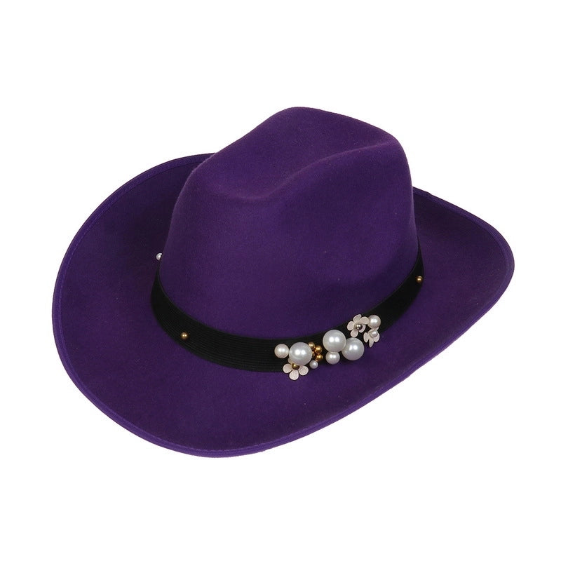 New Woolen Hat Western Denim Top Hat Men And Women Couple Hat Big Brim Curling Felt Hat