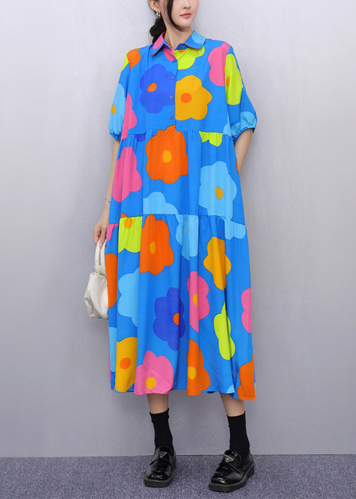 Fashion Blue Print Pockets Patchwork Cotton Blouses Dresses Half Sleeve Summer