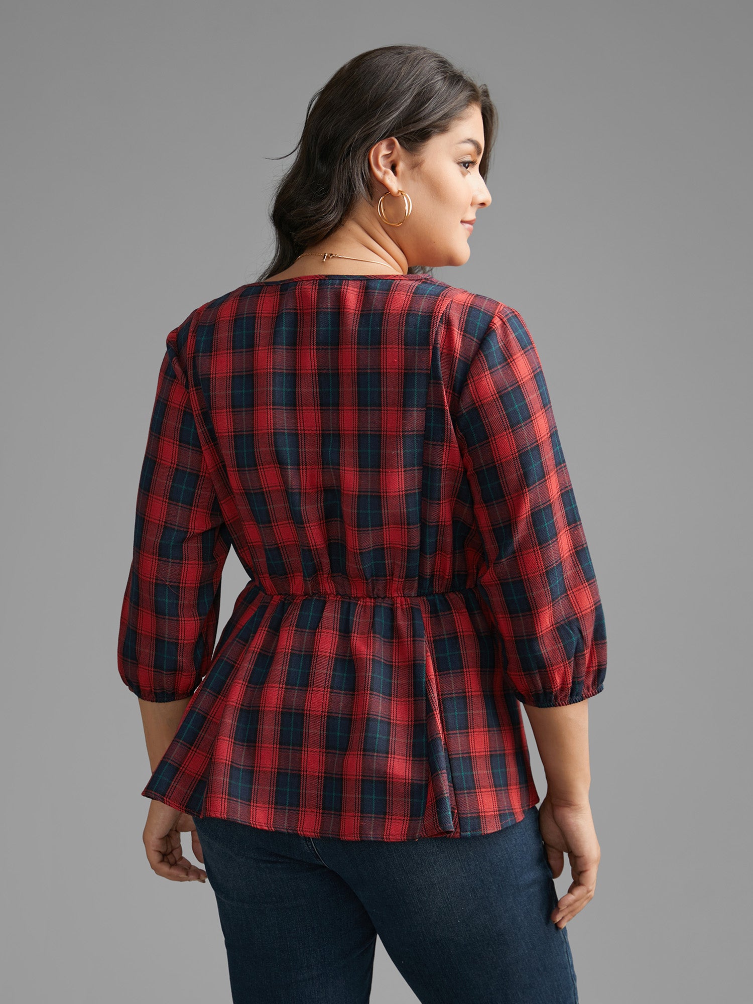 Plaid Button Detail Lantern Sleeve Blouse