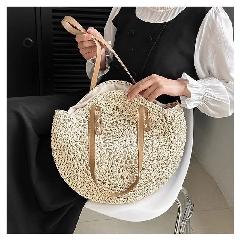 Women's Straw Solid Color Vacation Round Zipper Beach Bag