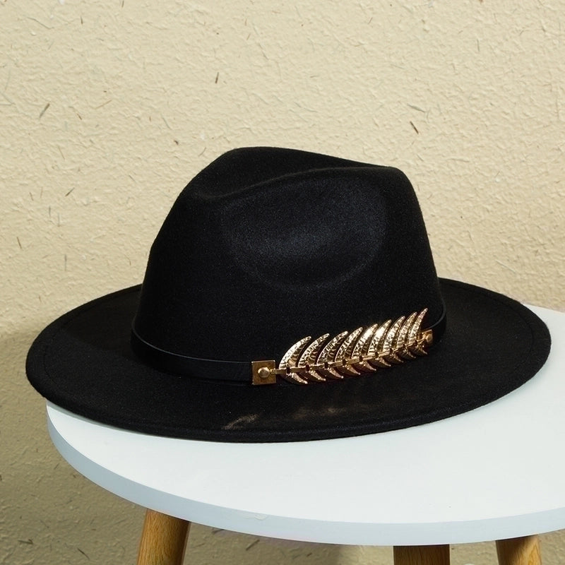 Unisex Retro Classic Style Leaves Solid Color Belt Buckle Wide Eaves Fedora Hat