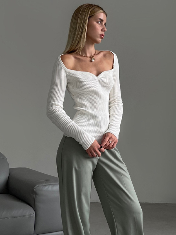 Urban Skinny Solid Color Square-Neck Sweater Tops