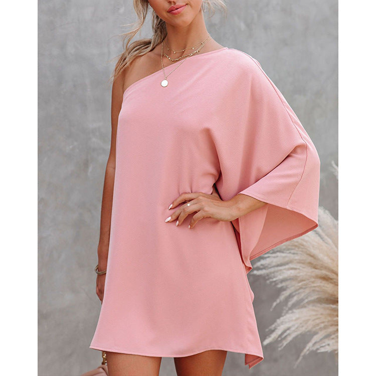 Loose One-shoulder Diagonal Dress(8 colors)