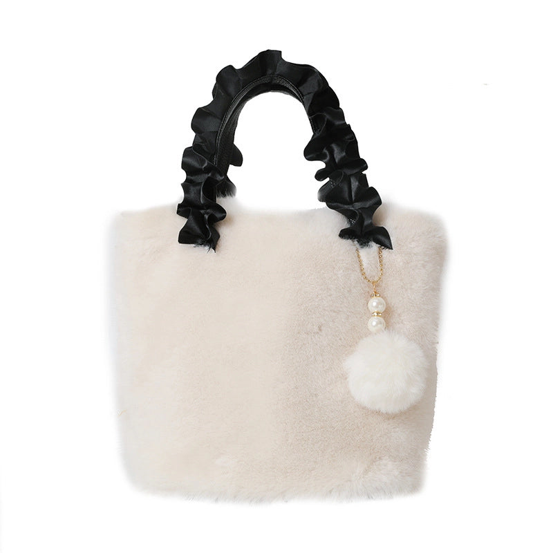 Women's Small Autumn&winter Plush Solid Color Basic Fluff Ball Bucket Zipper Bucket Bag