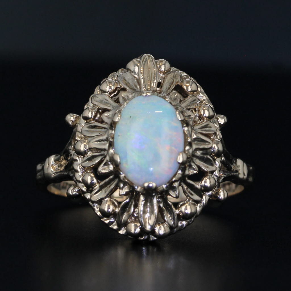 Opal Oval Cabochon Solitaire Ring 10k Yellow Gold Vintage Ornate Size 7