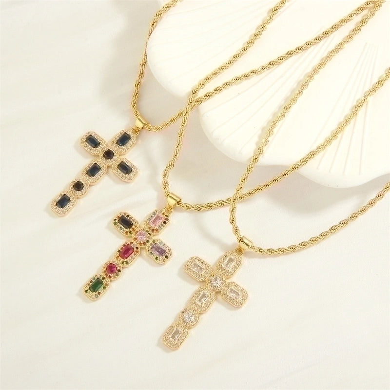 Minimalist Cross Heart Shape Copper 18k Gold Plated Zircon Pendant Necklace In Bulk