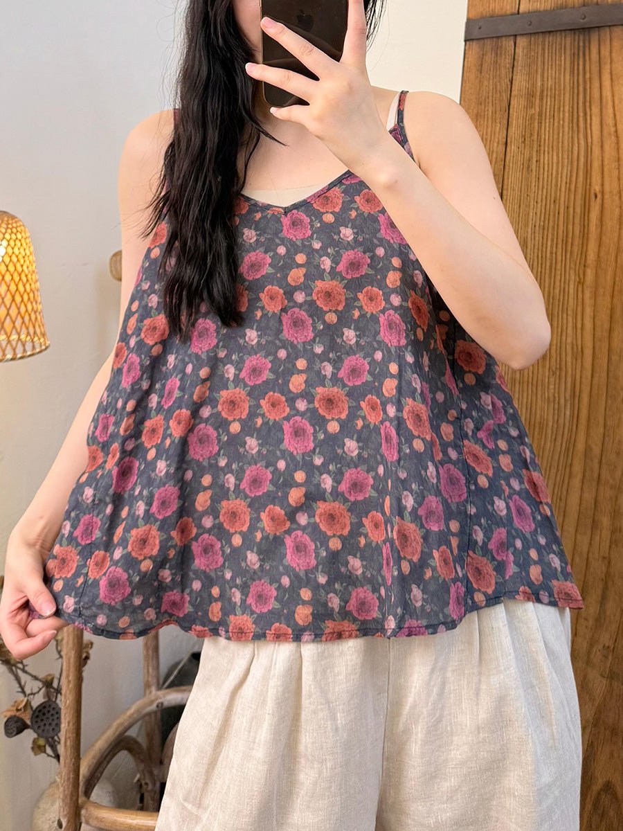 Women Summer Vintage Floral V-Neck Ramie Vest