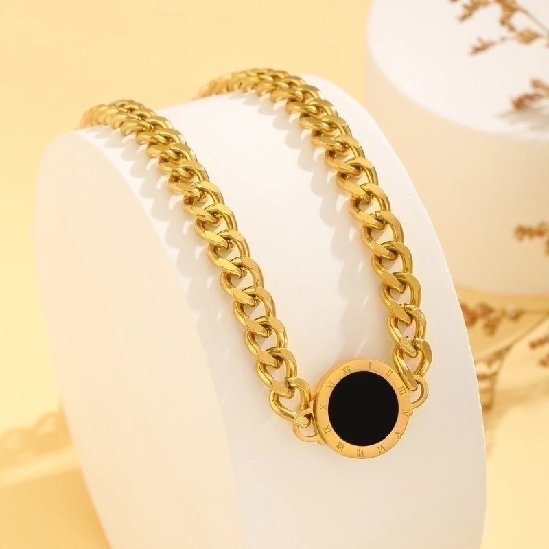 Ig Style Minimalist Round Heart Shape Roman Numeral Titanium Steel Plating Inlay Shell 18k Gold Plated Pendant Necklace