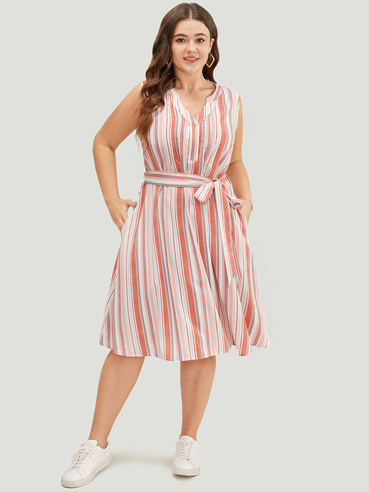 Striped Contrast Belted Pocket Notched Tank Dress