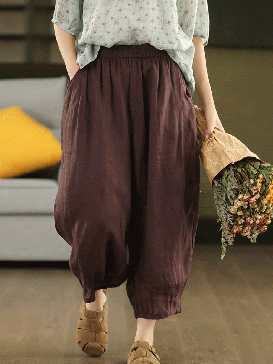 Women Summer Retro Pure Color 100%Ramie Bloomers