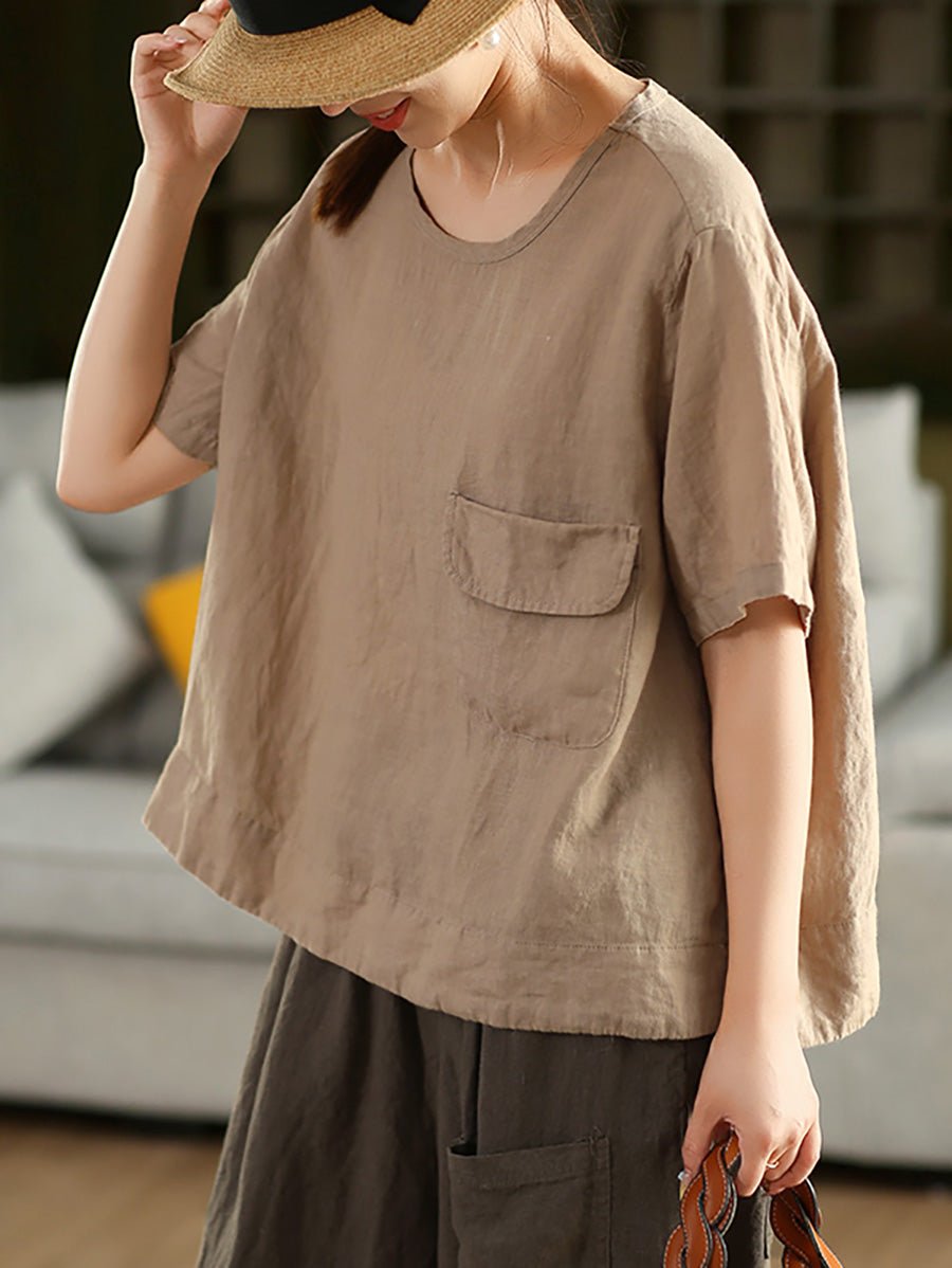 Women Summer Artsy Pure Color 100%Linen O-Neck Shirt