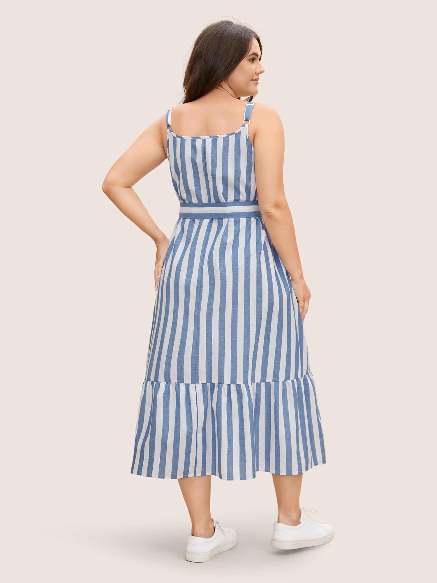 Striped Linen Blend Ruffle Layered Hem Dress