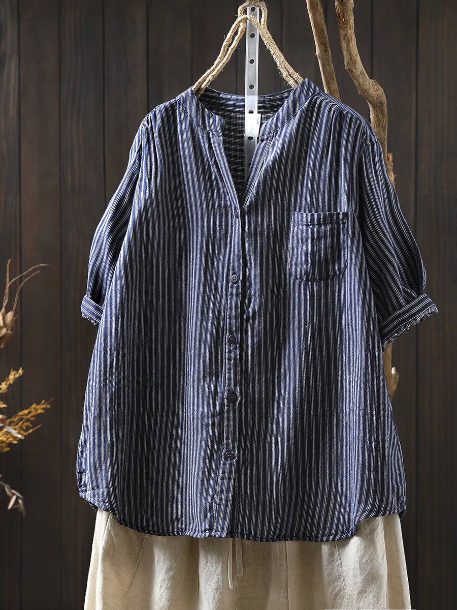 Women Summer Casual Stripe V-Neck 100%Cotton Shirt