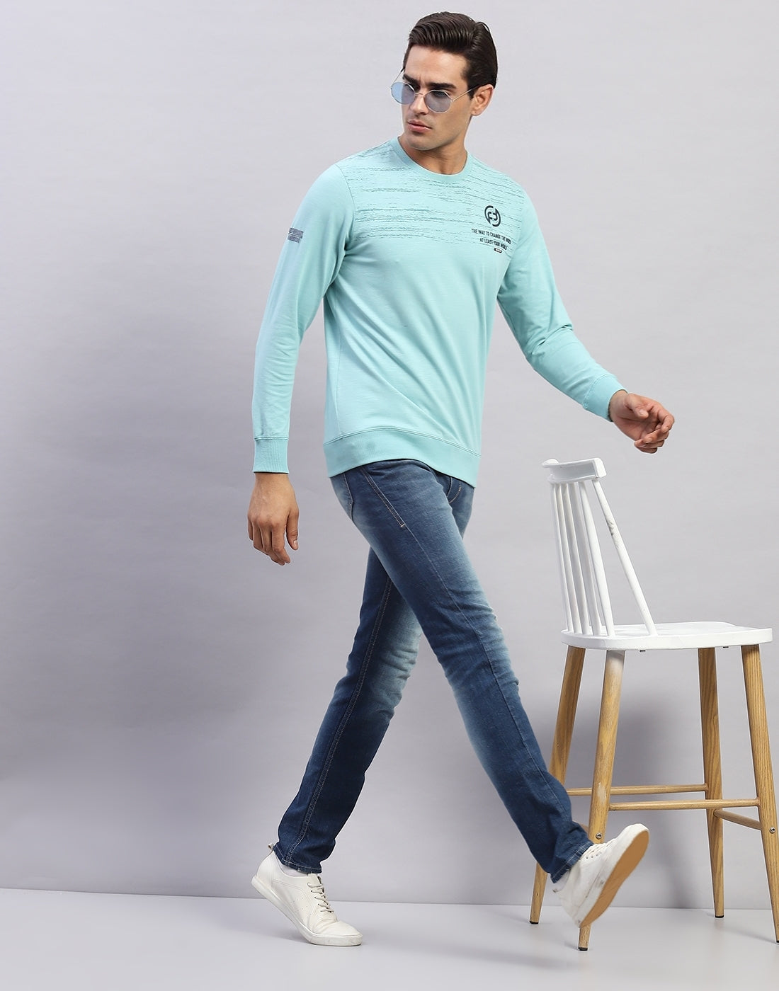 Men Light Blue Printed Round Neck Full Sleeve Winter T-Shirt