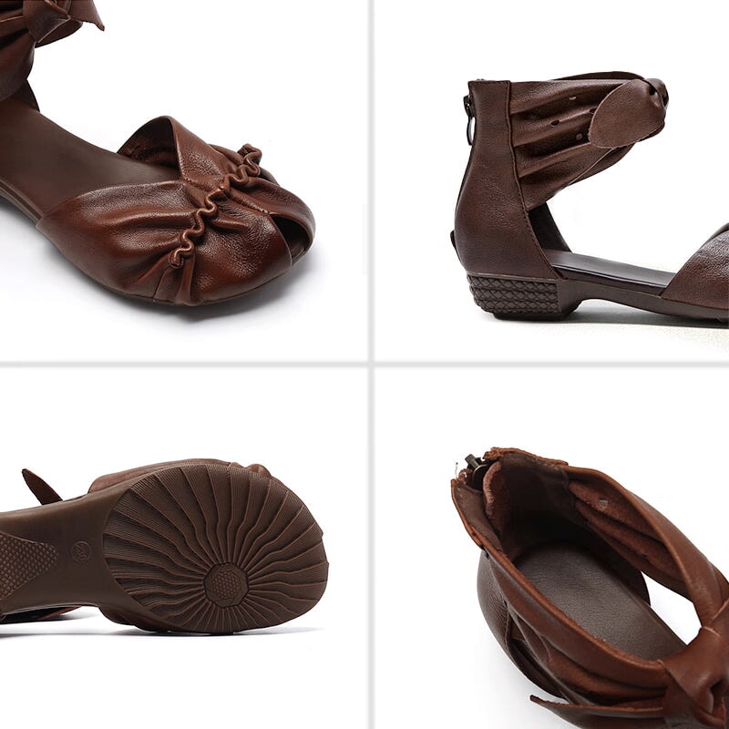 Vintage Leather Mori Girl Style Soft Sole Roman Sandals Boots with Back Zipper in Brown/Black