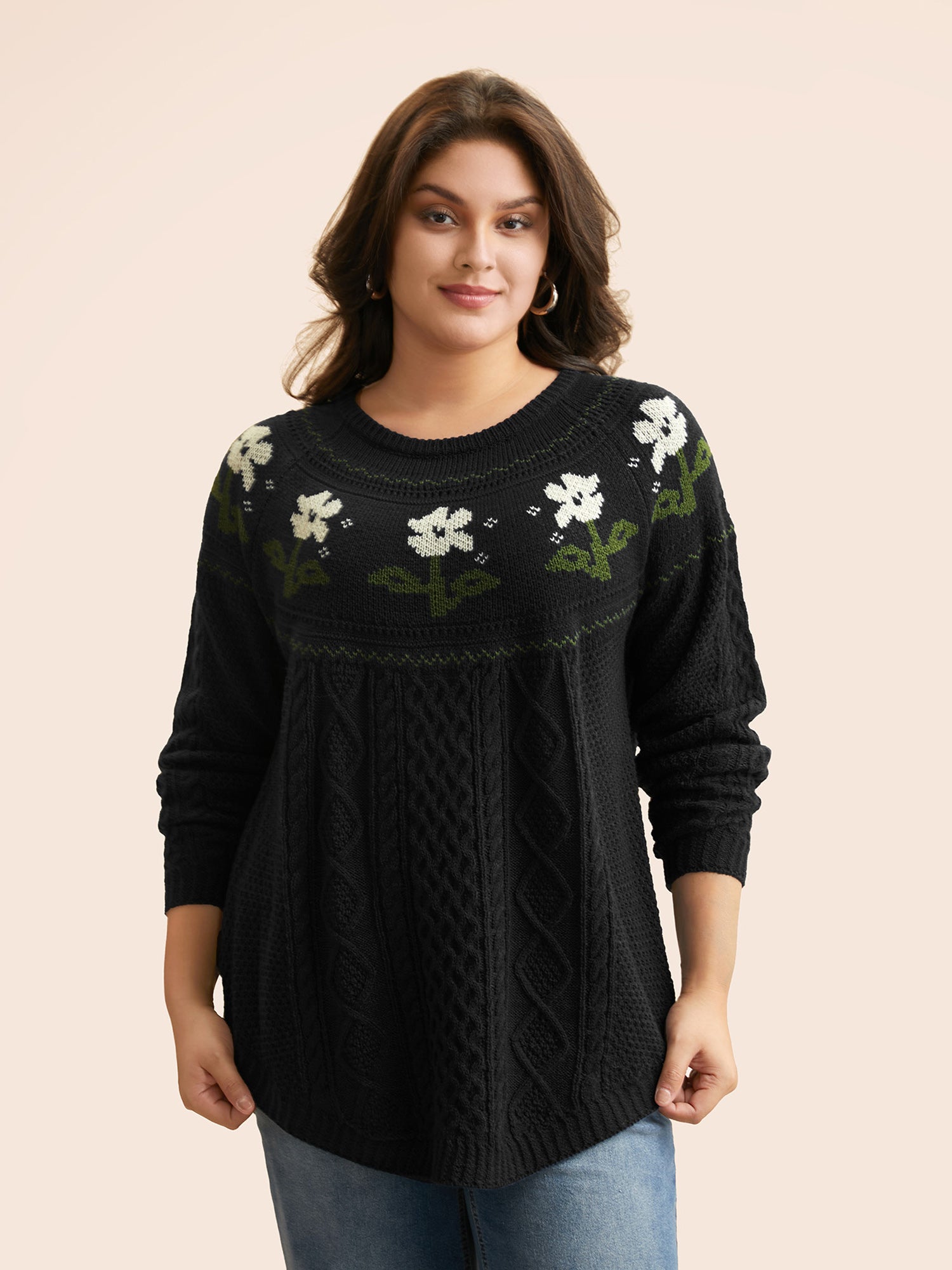 Floral Jacquard Raglan Sleeve Pullover