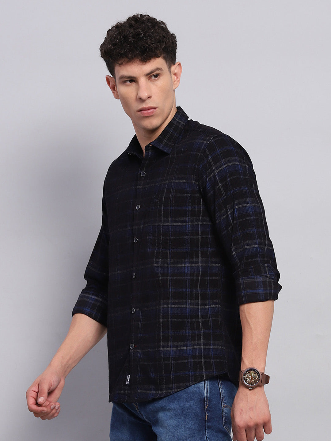 Men Blue & Black Check Collar Full Sleeve Shirt