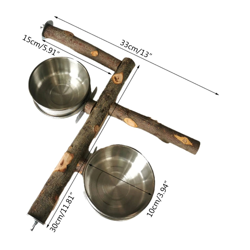 Bird Perch Tree Wood Stand With Stainless Steel Feeding Cups