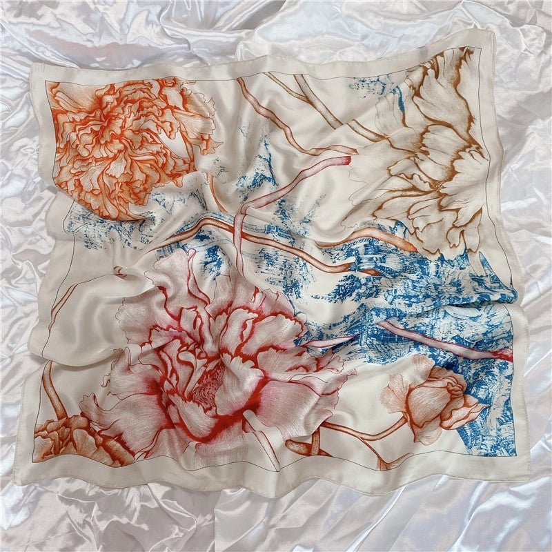 Women's Elegant Letter Flower Satin Silk Scarf