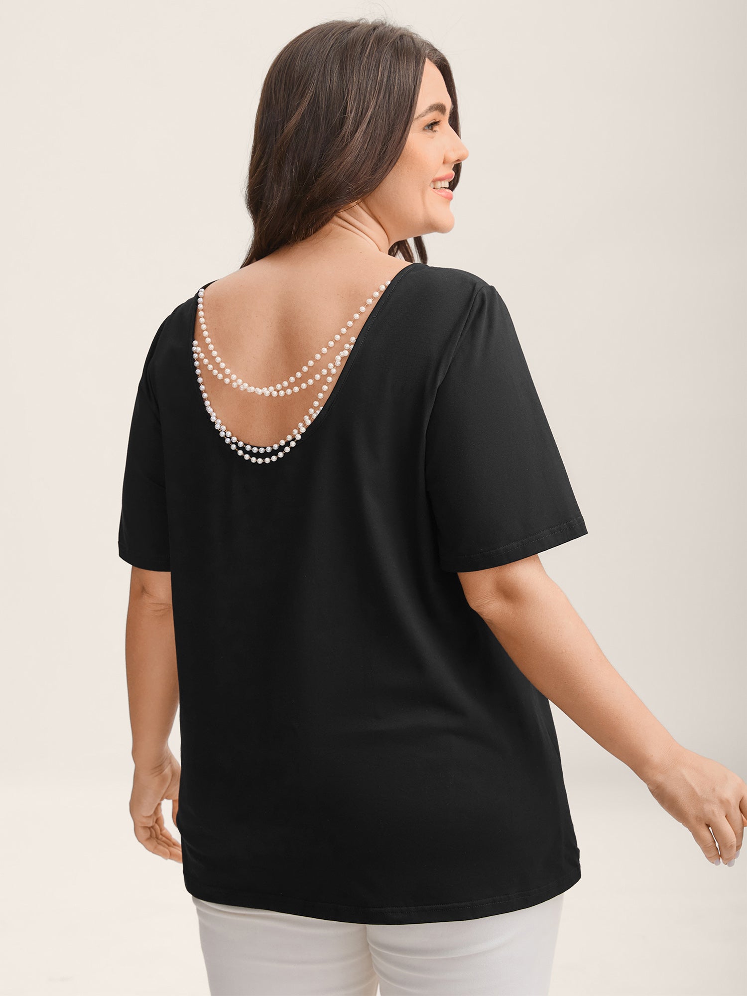 Cotton Backless Pearl Chain Stretchy T-Shirt