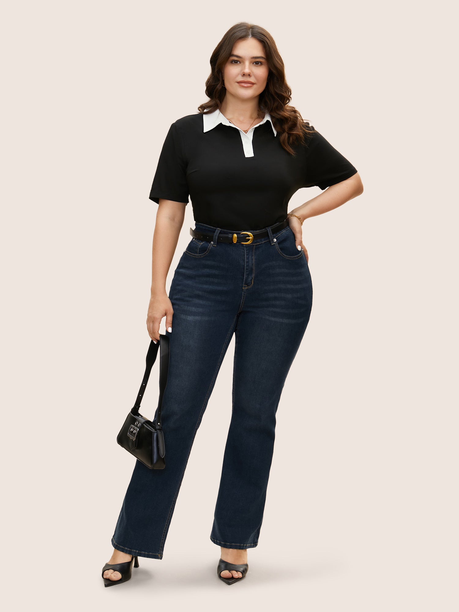 Stretchy Woven Shirt Collar Contrast Blouse