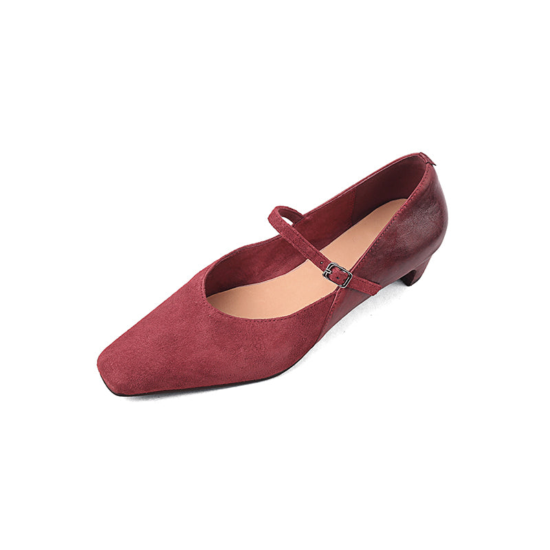 Elegant Washed Horsehide Nubuck Mary Jane Shoes Buckle Strap Causal Pumps in Red/Black/Caramel