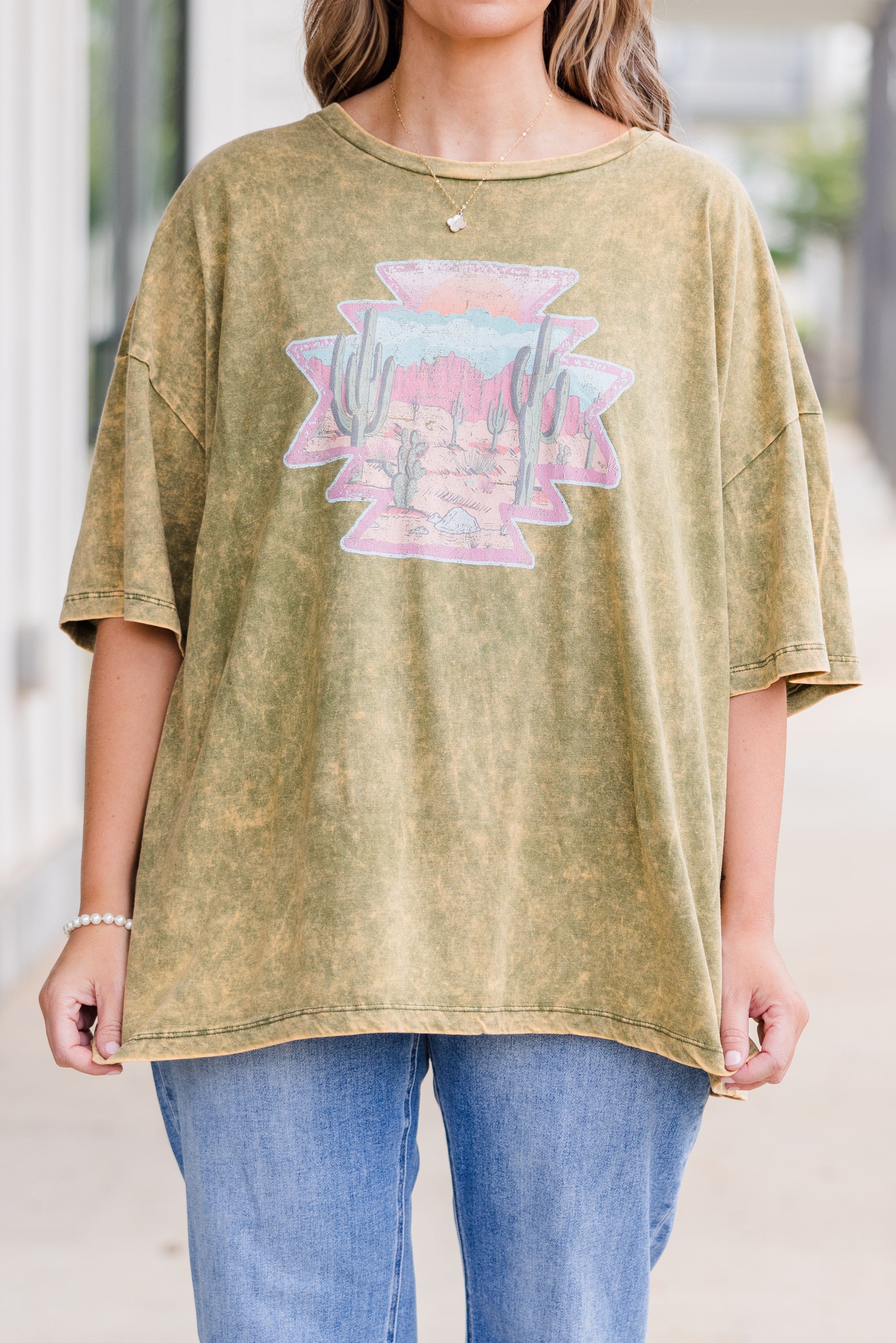 Wild Out Here Acid Wash Boyfriend Tee. Golden Olive