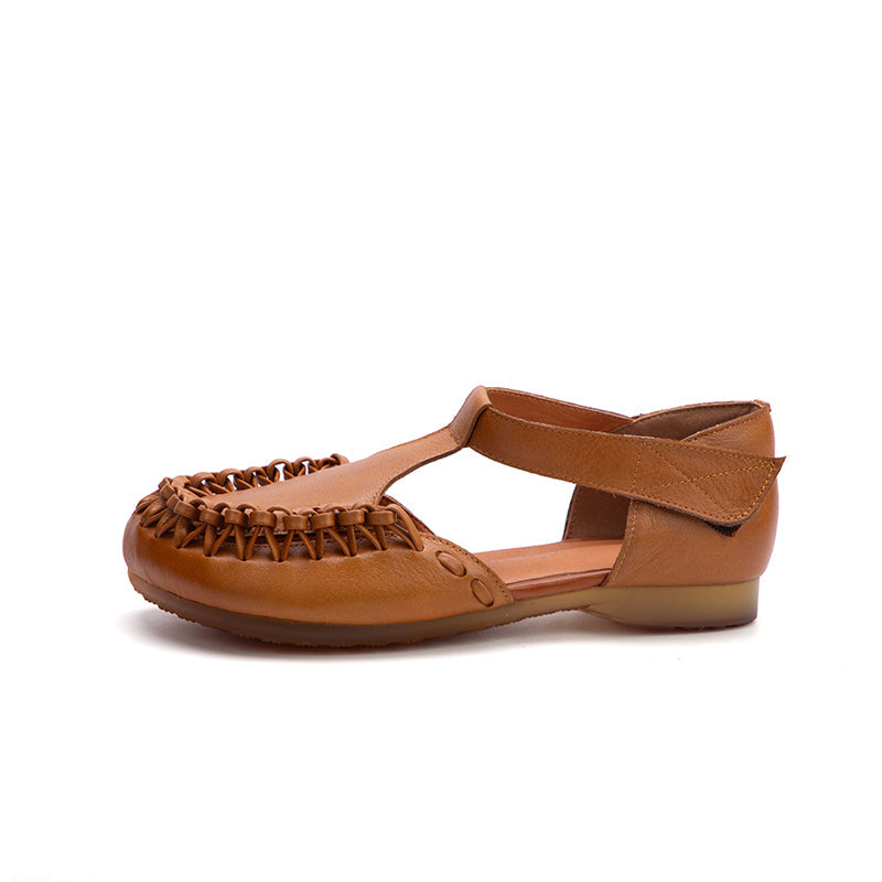 Handmade Roman Style Woven Leather Sandals  Flat T-Strap Closed Toe Shoes with Velcro in Camel/Coffee