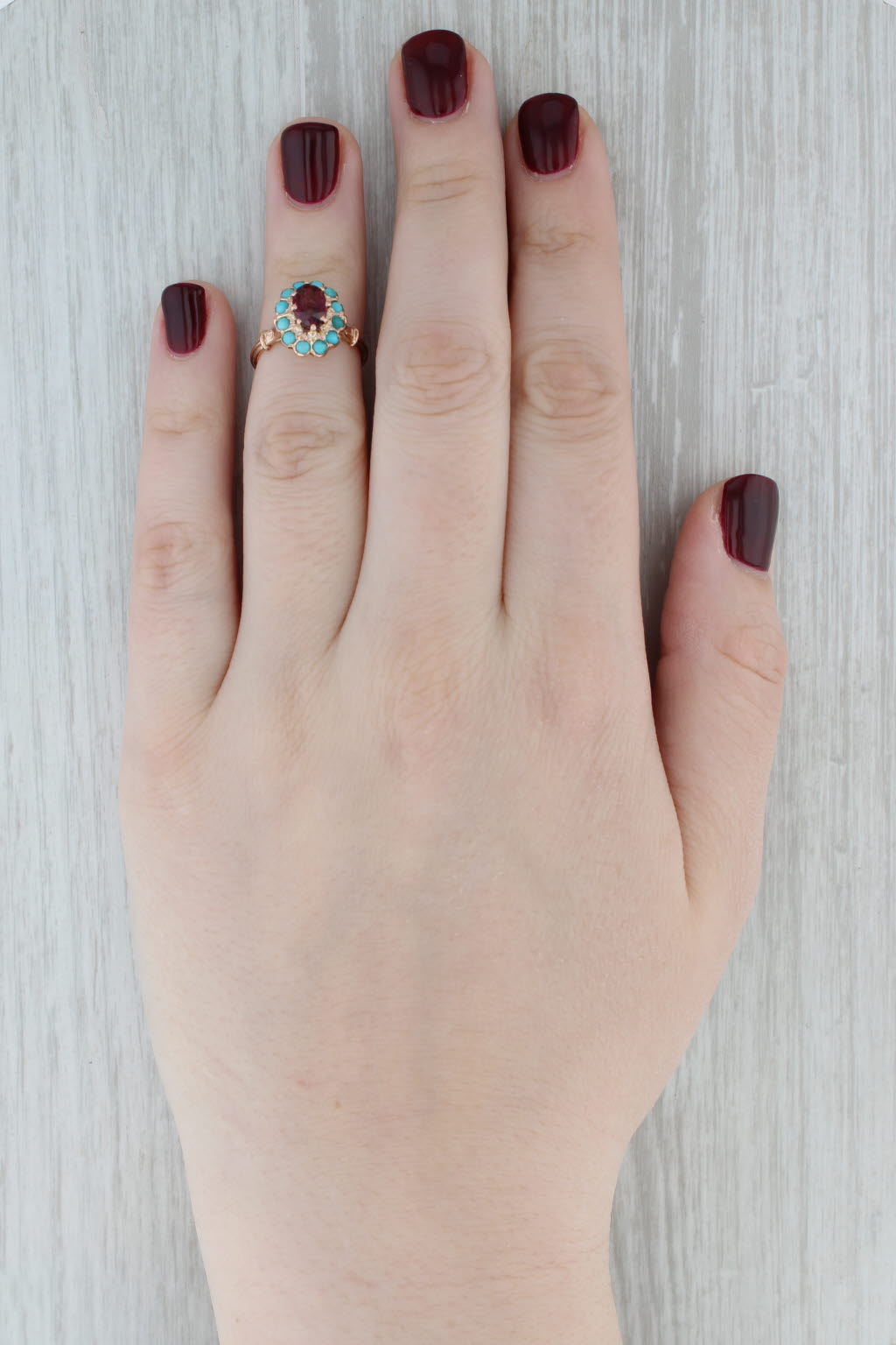 Vintage Rhodolite Garnet Turquoise Halo Ring 12k Rose Gold Size 5