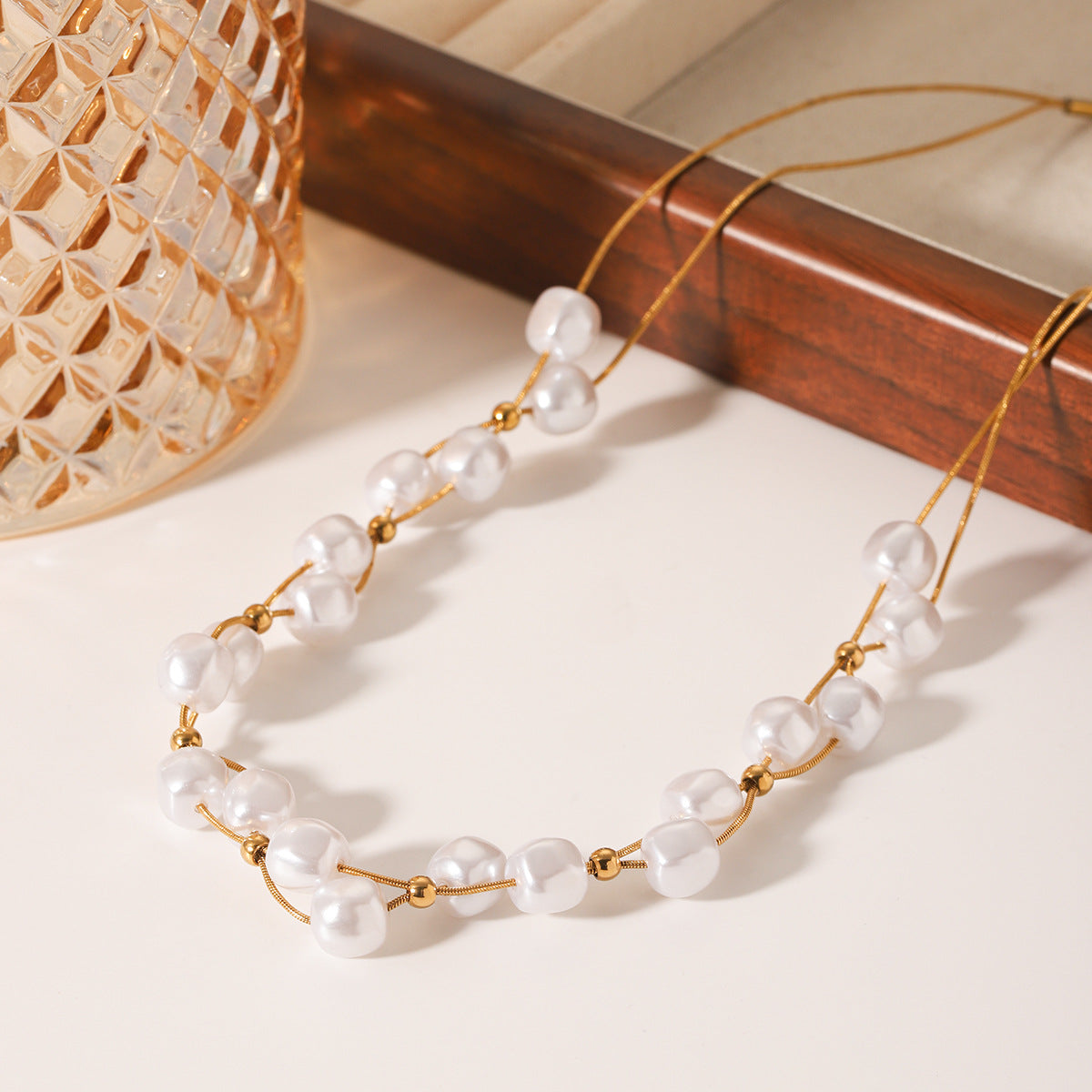 Stainless Steel Clavicle Chain Women'S Beaded Double Layer Pearl Necklace