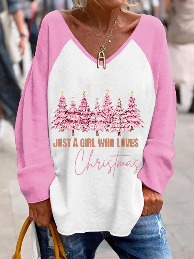 Women's Just A Girl Who Loves Christmas French Velvet V-Neck Top