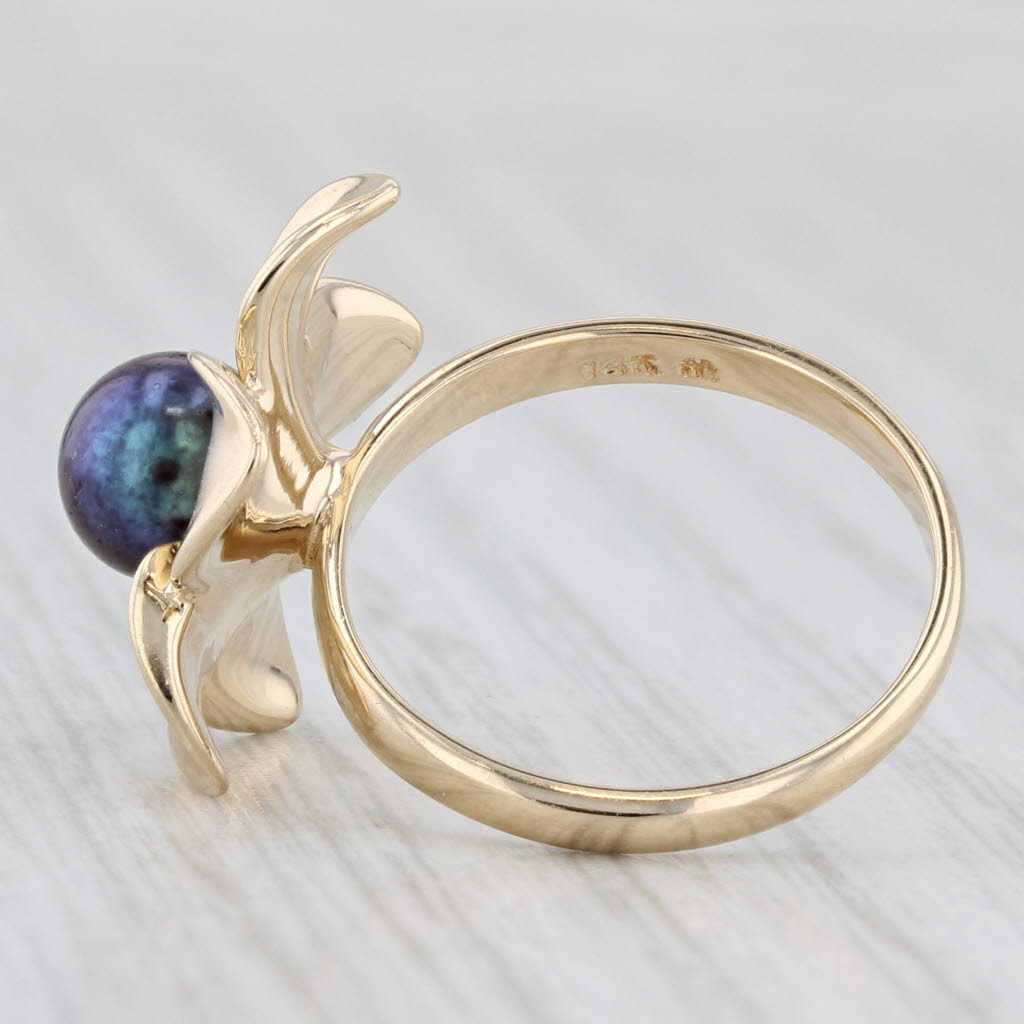 Black Cultured Pearl Flower Ring 14k Yellow Gold Size 6 Floral Statement