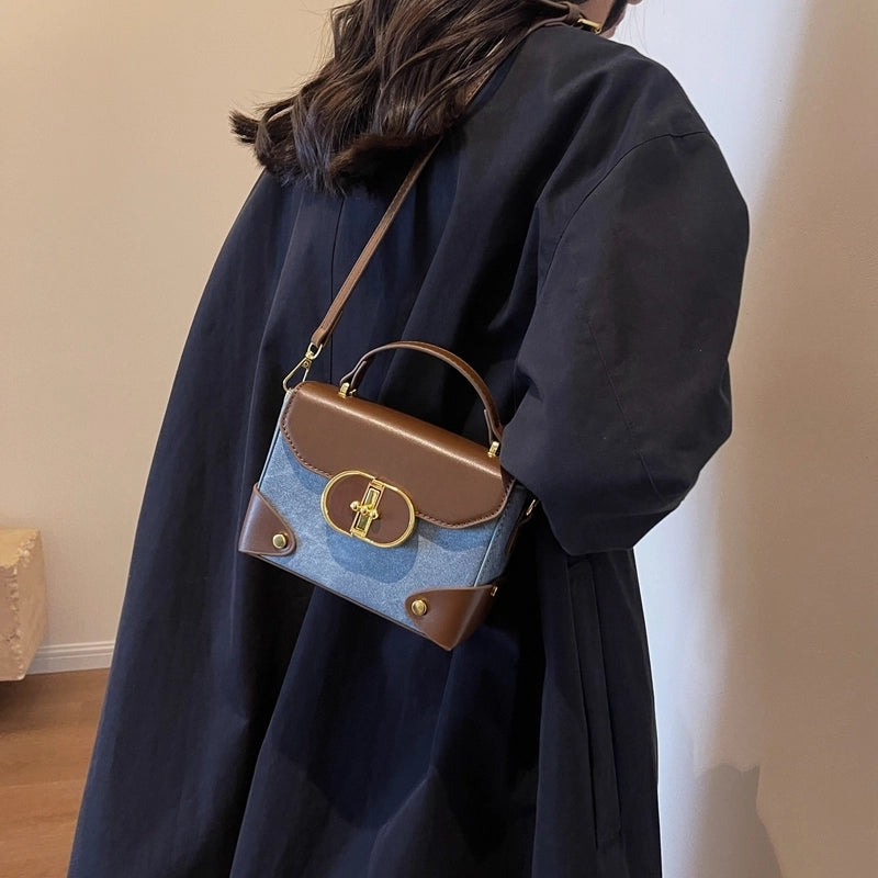 Women's Pu Leather Color Block Vintage Style Classic Style Streetwear Sewing Thread Metal Button Square Flip Cover Handbag Square Bag Box Bag